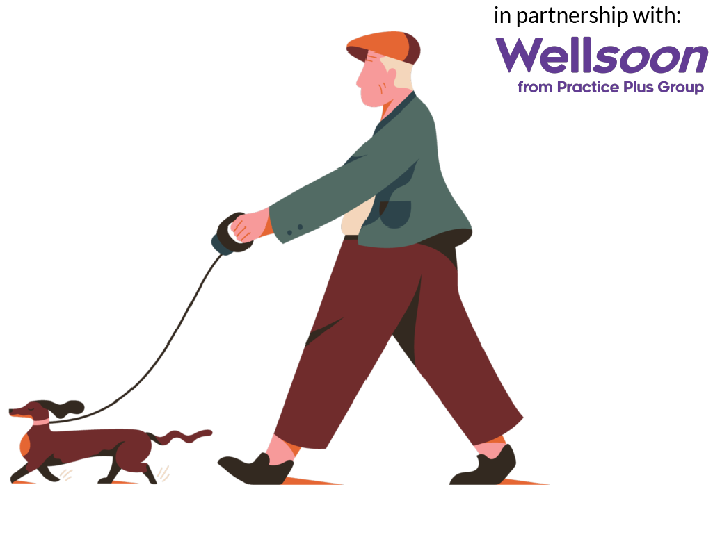 Illustration of man going for a walk with his dog.
